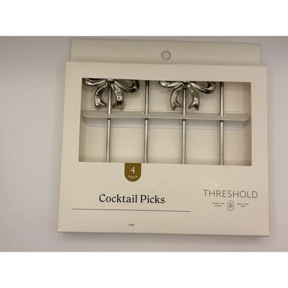 Threshold 4pc Bow Cocktail Picks Silver Metal Appetizer Garnish Set NEW